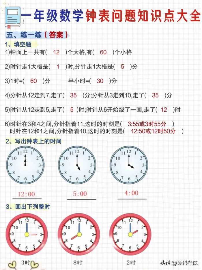 小学一年级数学《认识钟表》超详知识点汇总附习题